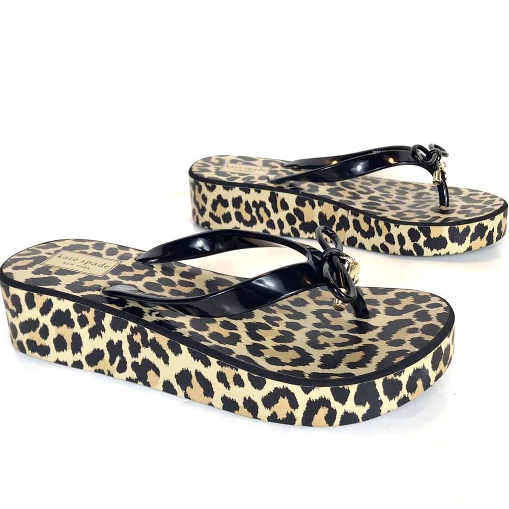 Kate Spade Rhett Sz8 Flip Flop Sandals Leopard Wedge Platform Slides Spade Charm